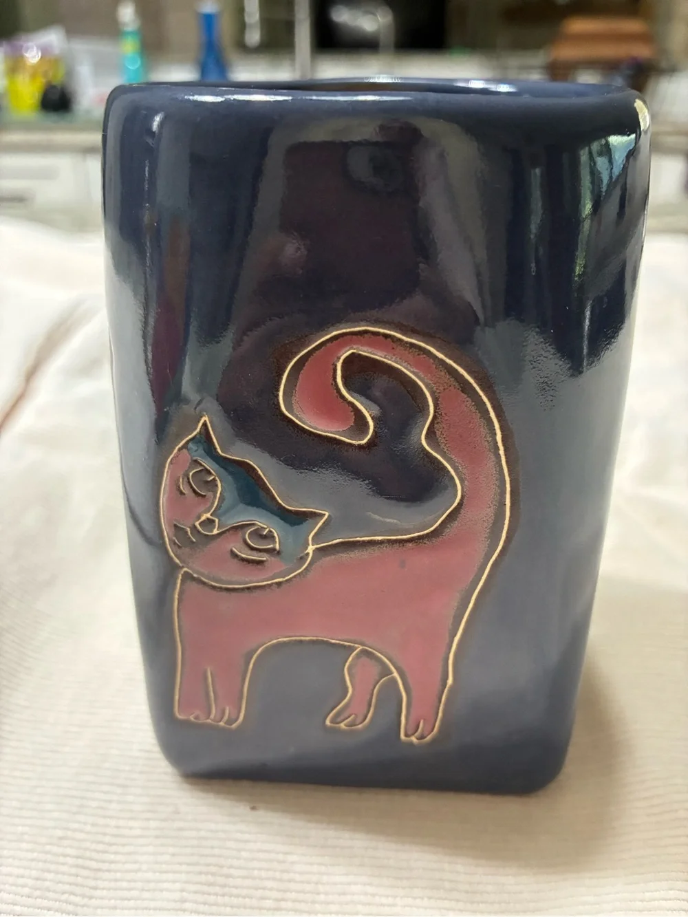 Mara Stoneware Pottery Designs Cat Accent Mug - Navy Blue and Gold